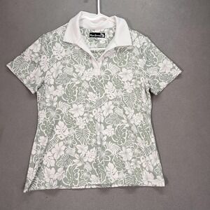 Reyn Spooner Polo Shirt Womens Medium Green Floral Tropical Stretch Short Sleeve